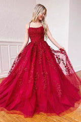 Spaghetti-Straps Tulle Burgundy Long Prom Dresses with Appliques