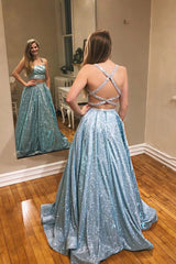 Glitter Mint Green A-Line Two-Piece Sparkle Prom Dresses with Pockets