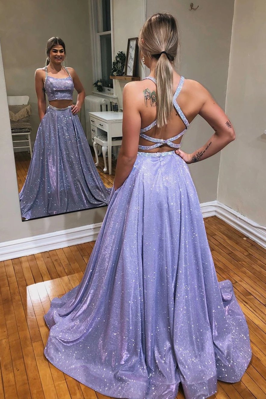 Glitter Mint Green A-Line Two-Piece Sparkle Prom Dresses with Pockets