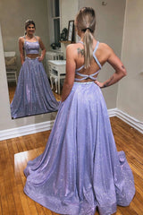 Glitter Mint Green A-Line Two-Piece Sparkle Prom Dresses with Pockets