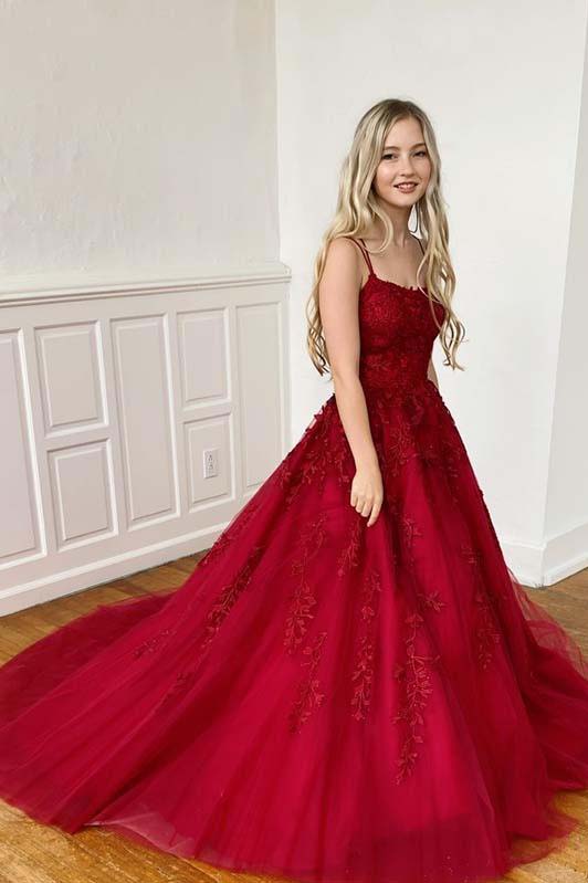 Spaghetti-Straps Tulle Burgundy Long Prom Dresses with Appliques