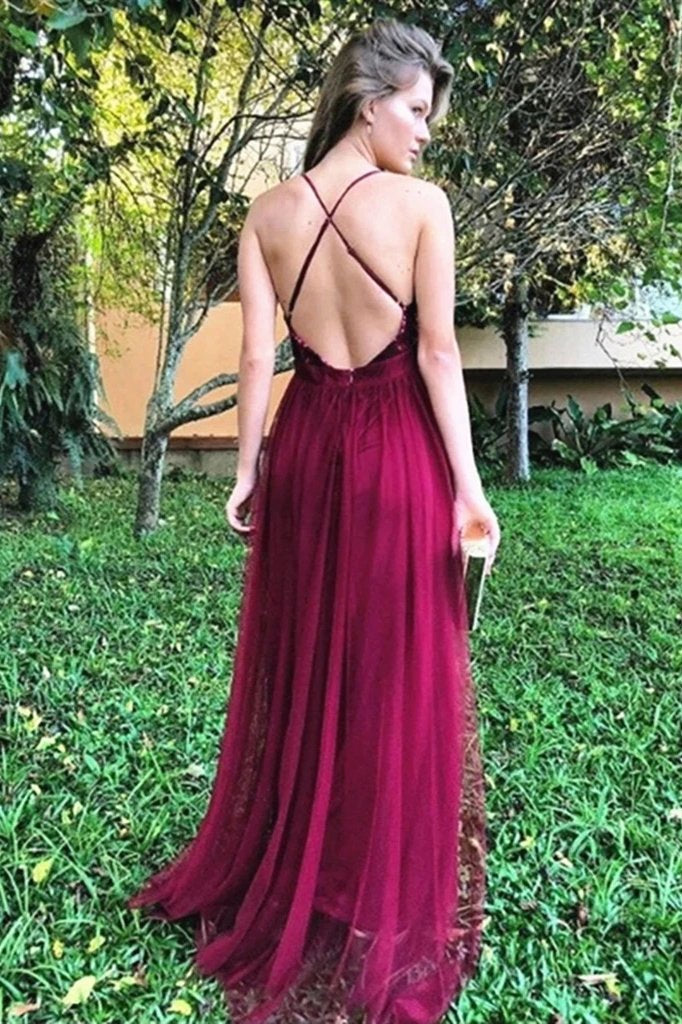 Tulle Backless Burgundy Prom Dresses, Sequin Evening Dresses