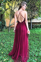 Tulle Backless Burgundy Prom Dresses, Sequin Evening Dresses