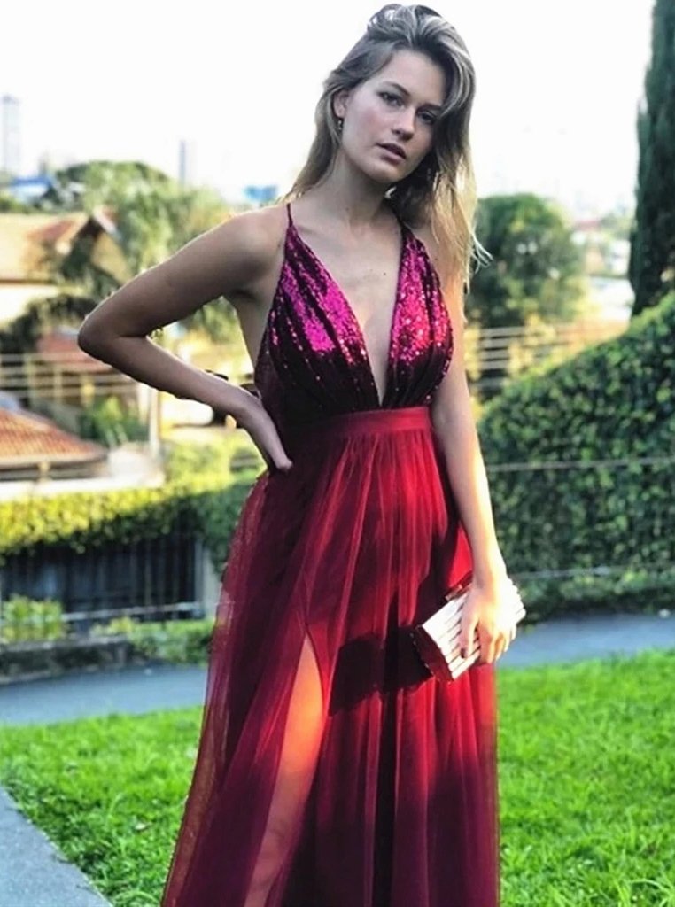 Tulle Backless Burgundy Prom Dresses, Sequin Evening Dresses