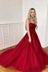 Spaghetti-Straps Tulle Burgundy Long Prom Dresses with Appliques