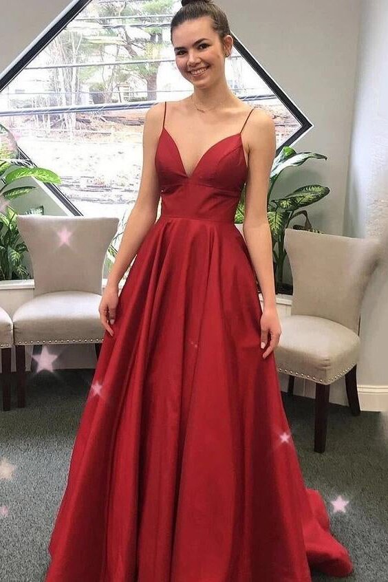 Burgundy A-Line Spaghetti Straps Simple Long Prom Gown