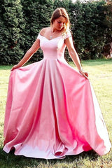 A-Line Off-Shoulder Pink Long Prom Dress, Simple Long Graduation Gown