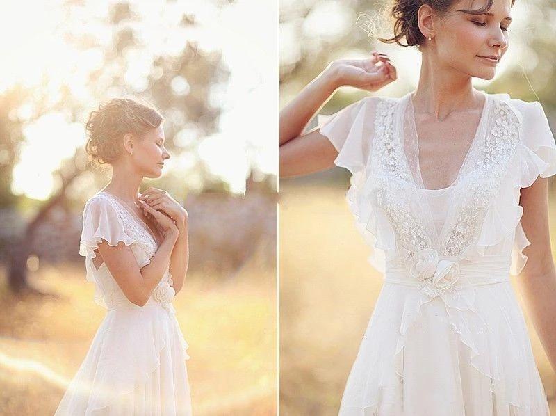 Flowy Flounce Sleeve Beach Wedding Dresses with Appliques