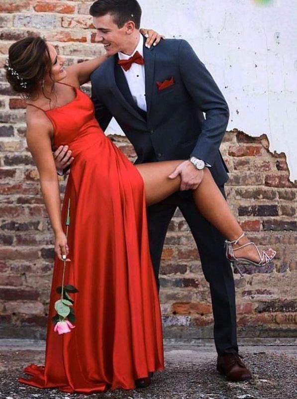 Red Spaghetti Straps Long Prom Dresses, Glamorous Evening Gown with Split