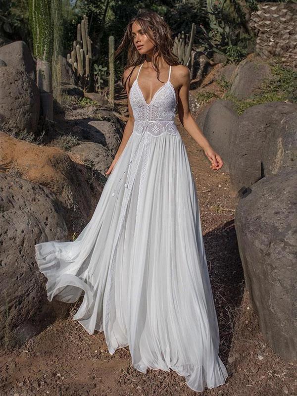 Boho V-Neck Chiffon Backless Two-Piece Beach Wedding Dress