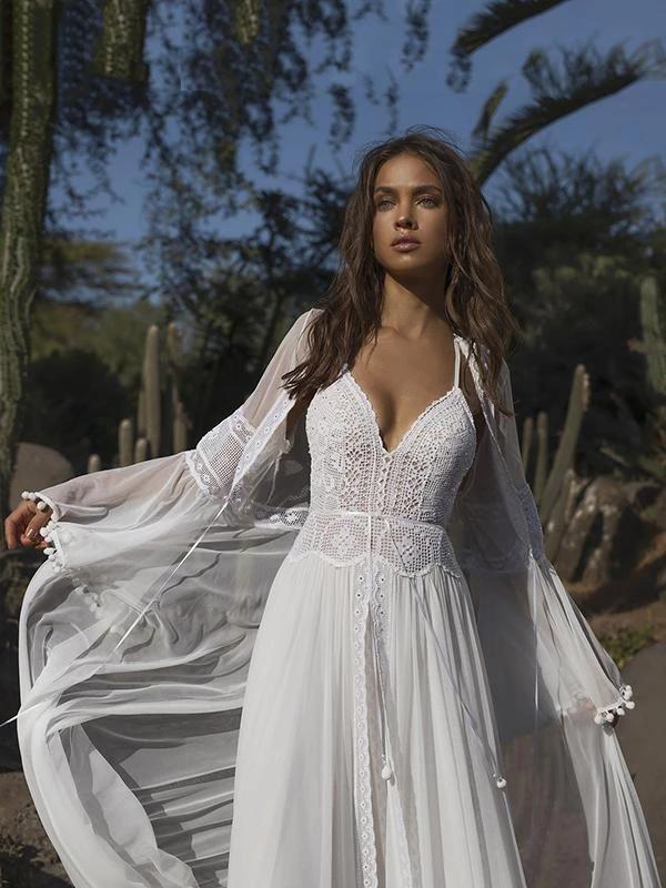 Boho V-Neck Chiffon Backless Two-Piece Beach Wedding Dress