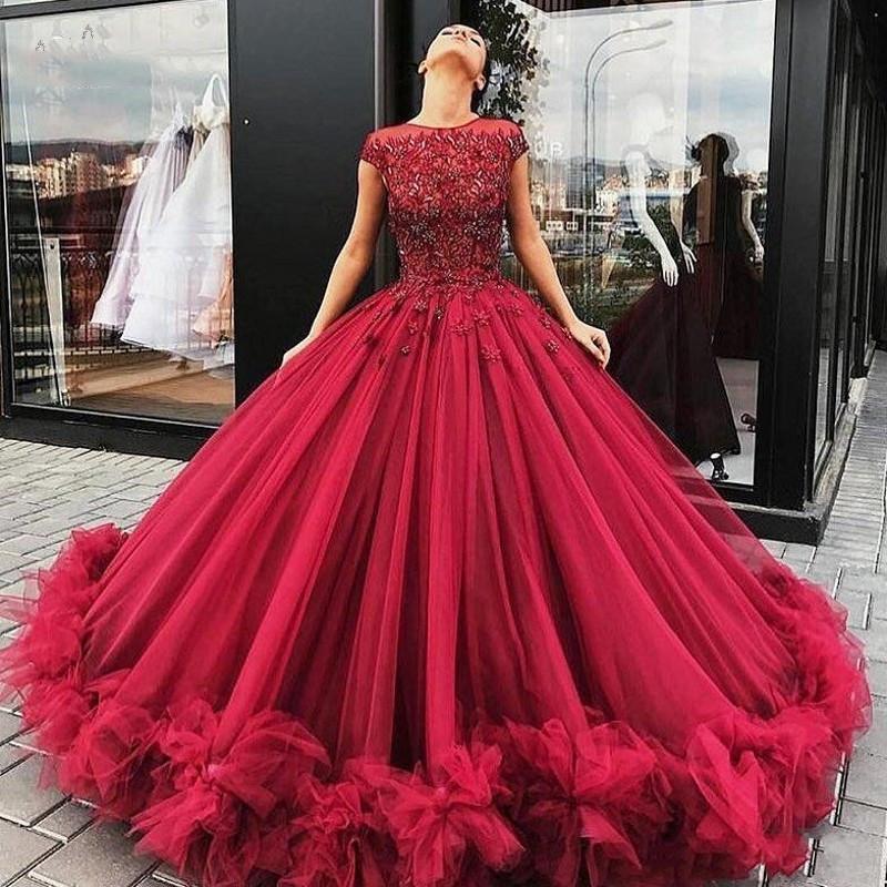 Burgundy Tulle Prom Dress Ball Gown, Beaded Long Formal Evening Gown