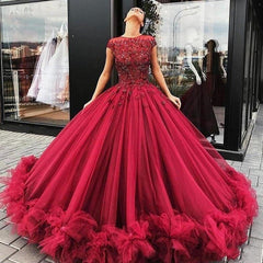 Burgundy Tulle Prom Dress Ball Gown, Beaded Long Formal Evening Gown