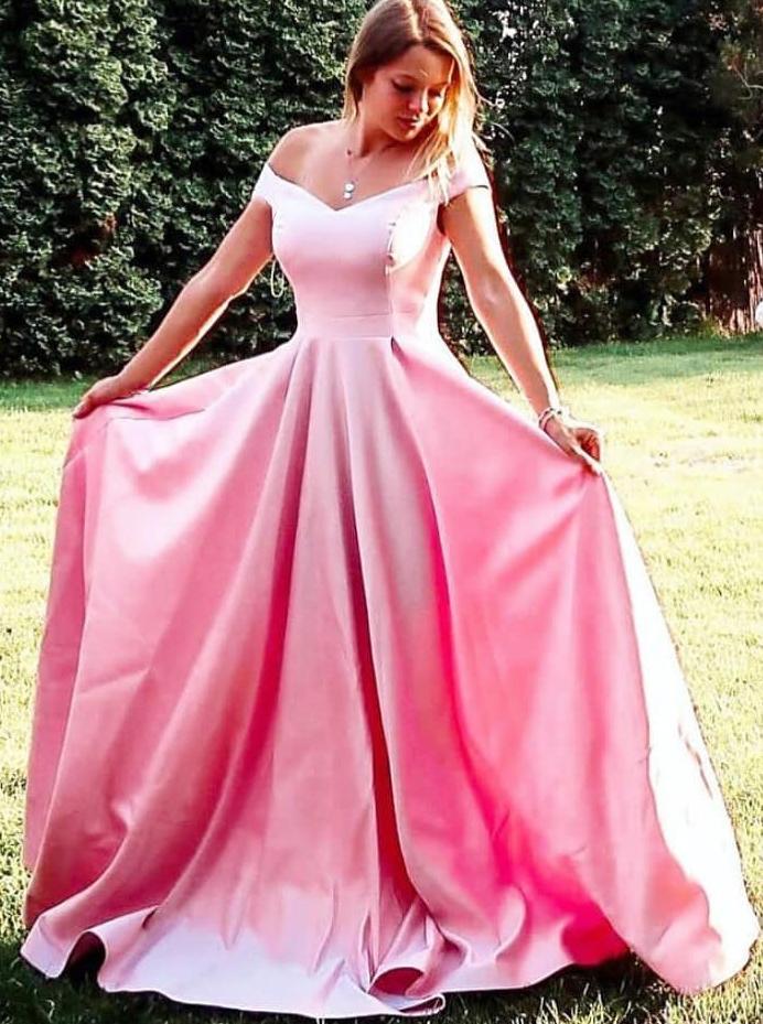 A-Line Off-Shoulder Pink Long Prom Dress, Simple Long Graduation Gown