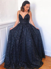 A-Line V-Neck Dark Navy Long Prom Formal Dresses with Appliques