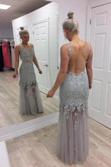 Grey Backless Prom Dresses, Lace Appliques Mermaid Evening Dresses