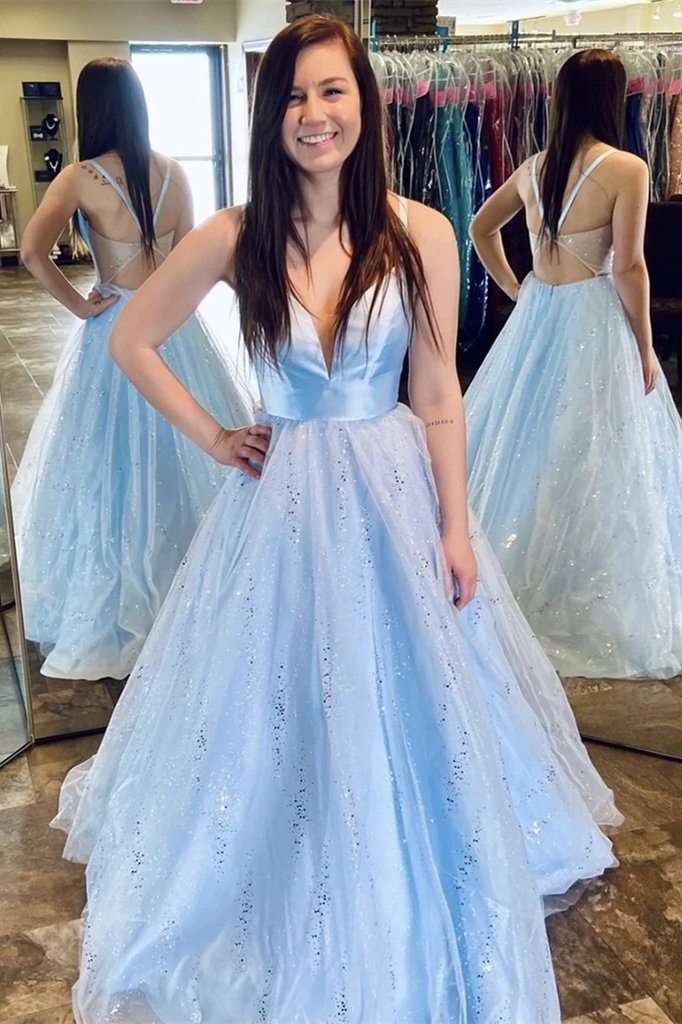 A-Line V-Neck Tulle Long Prom Dress, Light Sky Blue Evening Dress