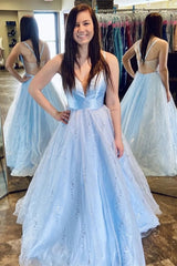A-Line V-Neck Tulle Long Prom Dress, Light Sky Blue Evening Dress