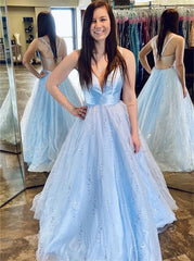 A-Line V-Neck Tulle Long Prom Dress, Light Sky Blue Evening Dress