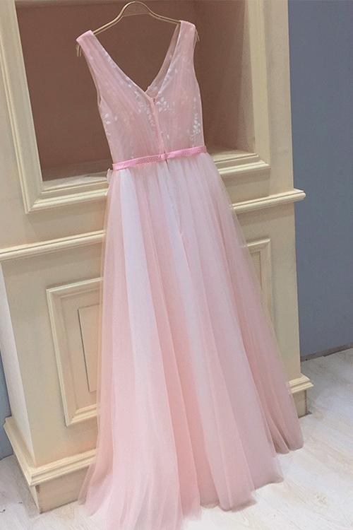 Tulle V-Neck Sleeveless Pink Long Prom Dresses with Appliques