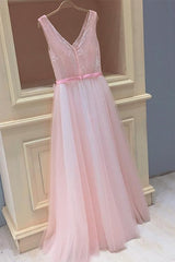 Tulle V-Neck Sleeveless Pink Long Prom Dresses with Appliques
