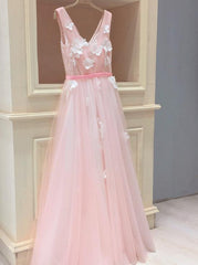 Tulle V-Neck Sleeveless Pink Long Prom Dresses with Appliques
