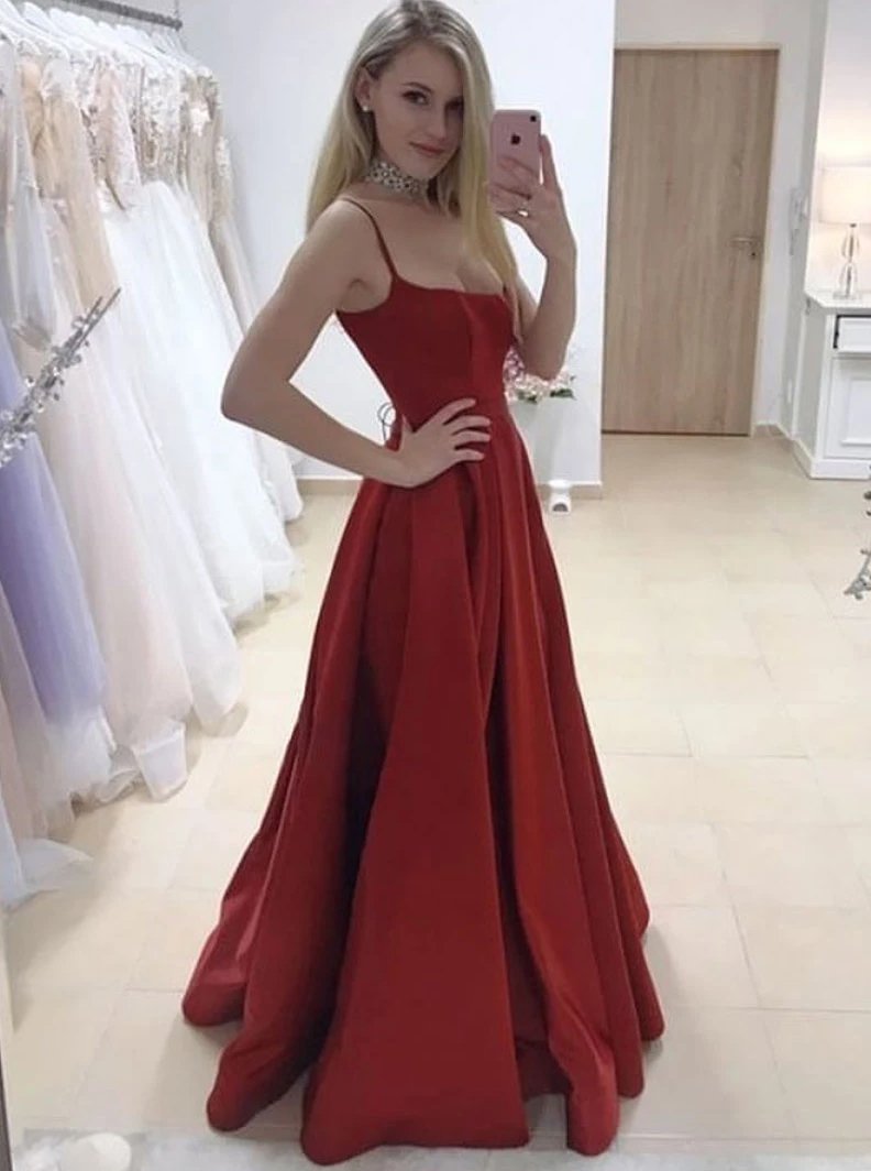 Burgundy Satin A-Line Simple Long Evening Prom Dresses with Split