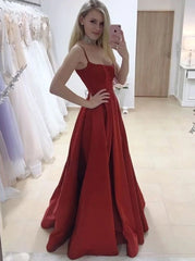 Burgundy Satin A-Line Simple Long Evening Prom Dresses with Split