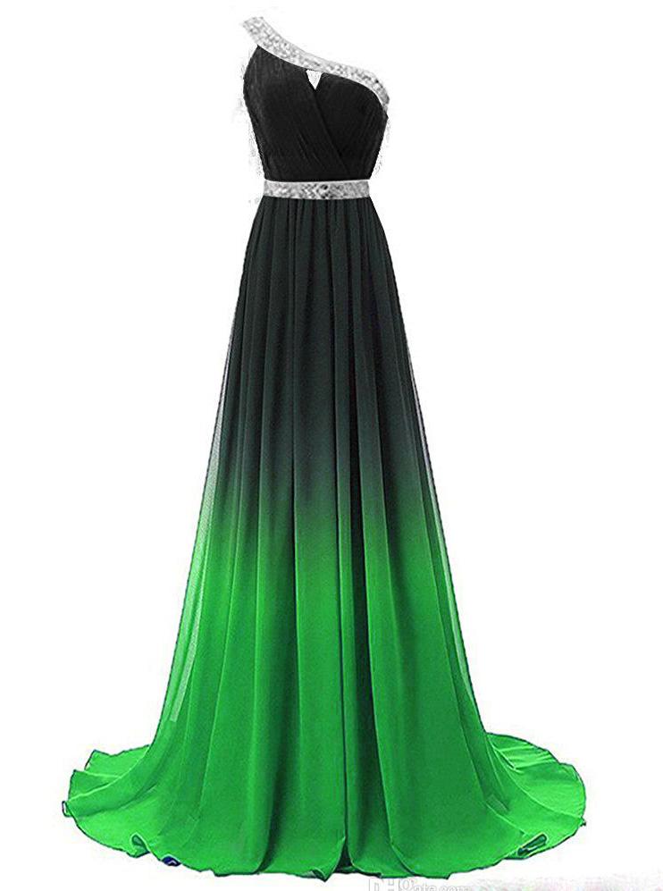One Shoulder Chiffon Ombre Prom Dresses, Beaded Gradient Formal Party Gowns