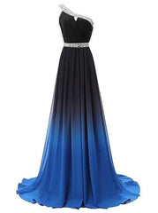 One Shoulder Chiffon Ombre Prom Dresses, Beaded Gradient Formal Party Gowns
