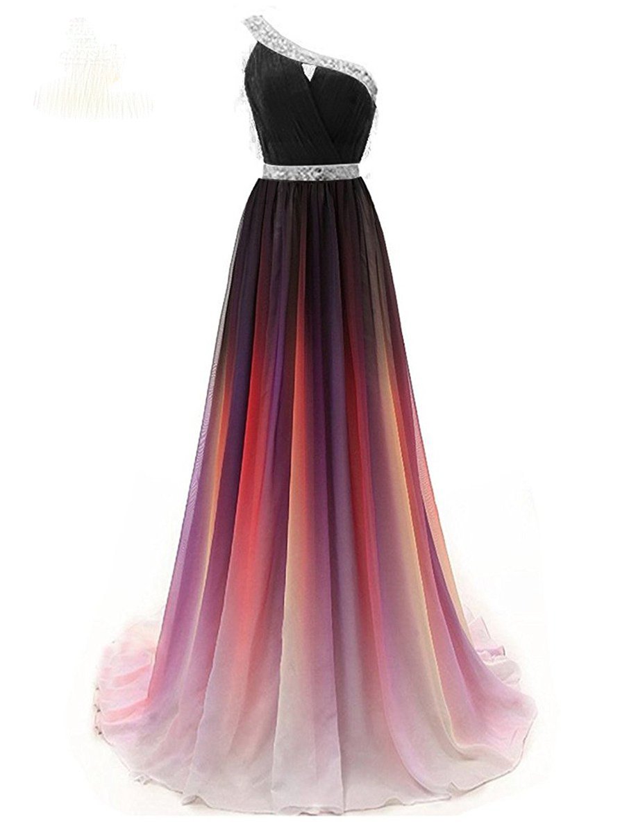 One Shoulder Chiffon Ombre Prom Dresses, Beaded Gradient Formal Party Gowns