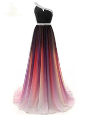 One Shoulder Chiffon Ombre Prom Dresses, Beaded Gradient Formal Party Gowns