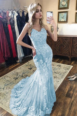 Mermaid Lace Spaghetti Straps Prom Dresses, Sky Blue Formal Evening Dresses