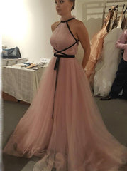 A-Line Halter Tulle Long Prom Evening Dress with Black Ribbon