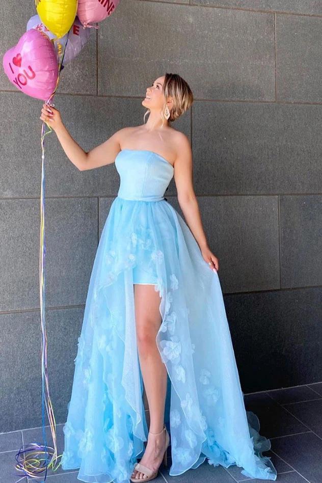 Ice Blue Strapless Long Prom Dresses with Handmade Flowers, Tulle Evening Dress