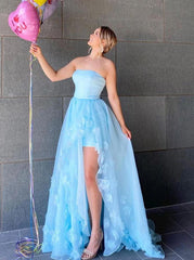 Ice Blue Strapless Long Prom Dresses with Handmade Flowers, Tulle Evening Dress