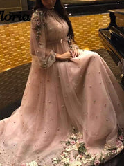 Elegant Pearl Pink Long Sleeves Prom Dresses with Appliques Beaded
