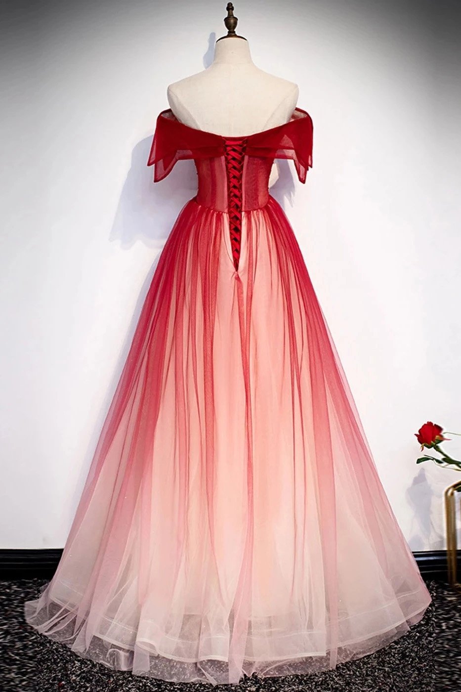 Off-Shoulder Tulle Red Long Prom Dresses, Lace-Up Princess Party Gown