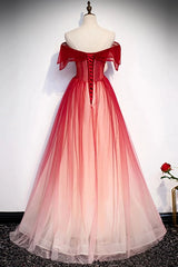 Off-Shoulder Tulle Red Long Prom Dresses, Lace-Up Princess Party Gown