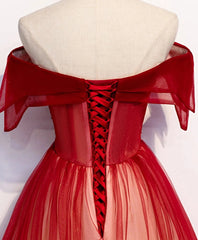 Off-Shoulder Tulle Red Long Prom Dresses, Lace-Up Princess Party Gown