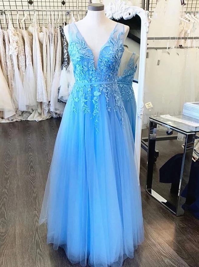 A-Line V-Neck Sky Blue Long Prom Evening Dresses with Appliques