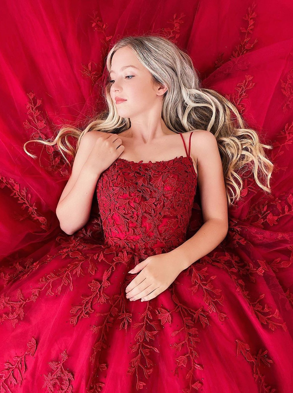 Spaghetti-Straps Tulle Burgundy Long Prom Dresses with Appliques