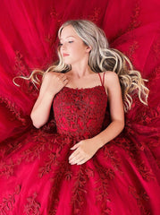 Spaghetti-Straps Tulle Burgundy Long Prom Dresses with Appliques