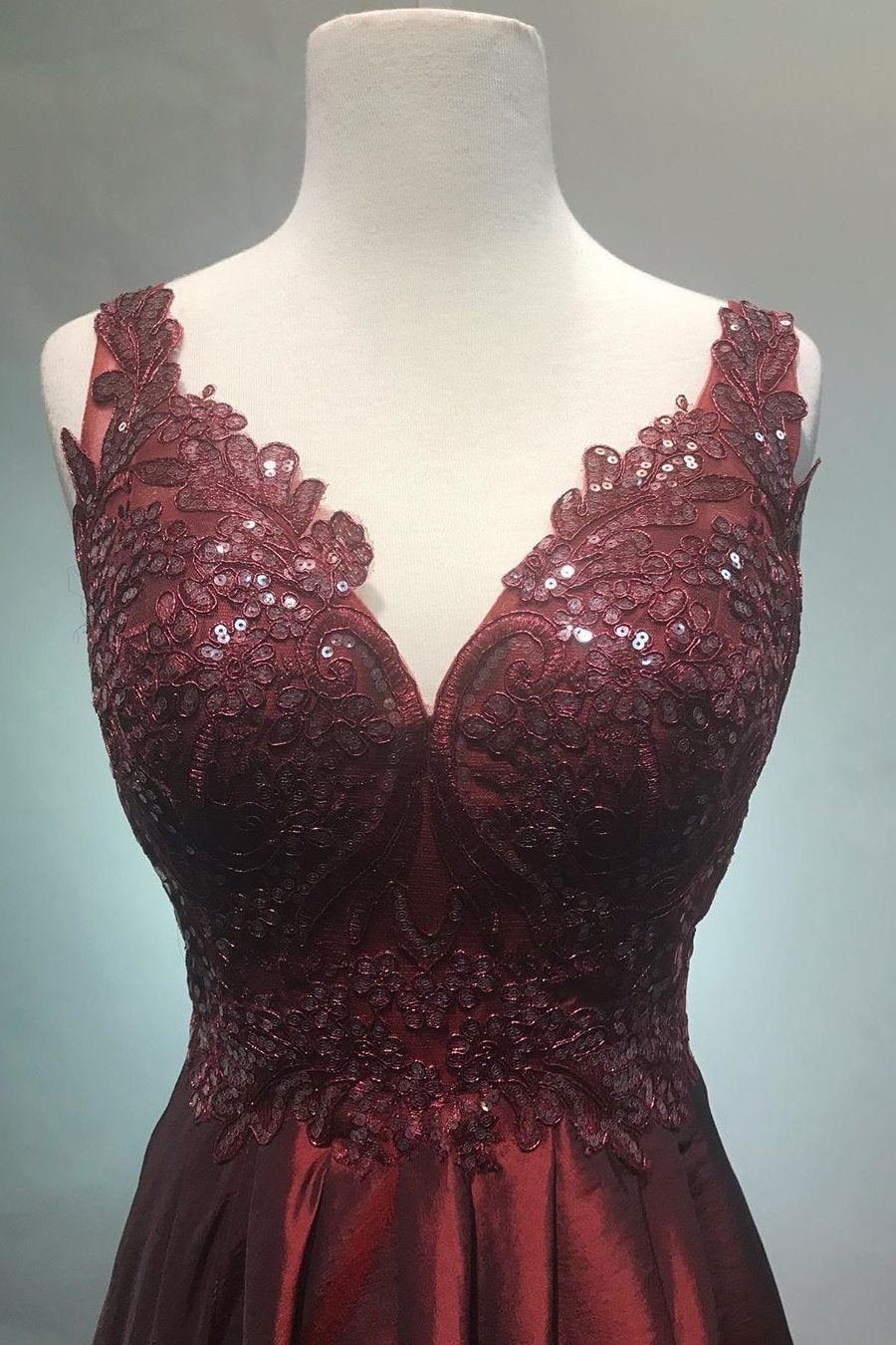A-Line V-Neck Long Burgundy Prom Dresses with Appliques