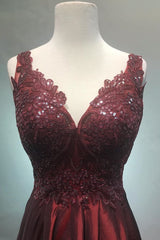 A-Line V-Neck Long Burgundy Prom Dresses with Appliques