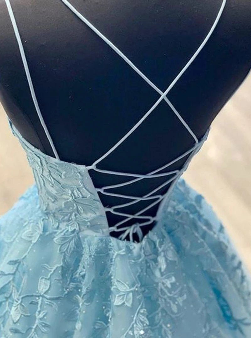 Sky Blue Tulle Appliques Spaghetti-Straps Long Prom Dresses