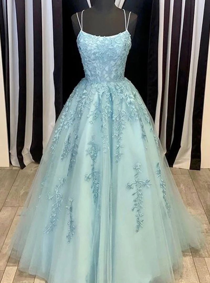 Sky Blue Tulle Appliques Spaghetti-Straps Long Prom Dresses