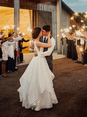 Deep V-Neck Plus Size Organza Wedding Dress with Stripes and Open Back