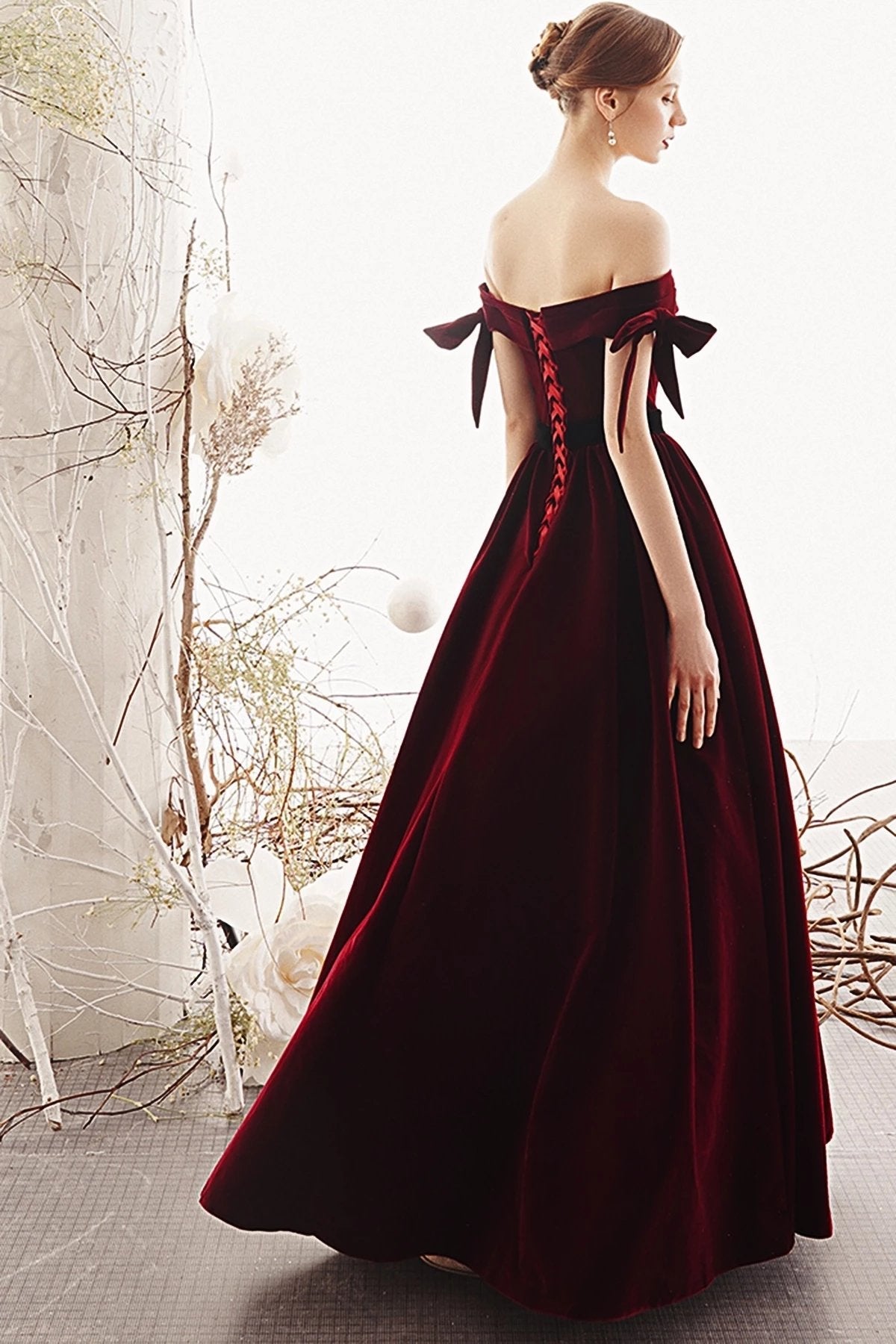 A-Line Velvet Burgundy Long Prom Dresses, Elegant Off-The-Shoulder Evening Dress