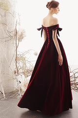 A-Line Velvet Burgundy Long Prom Dresses, Elegant Off-The-Shoulder Evening Dress